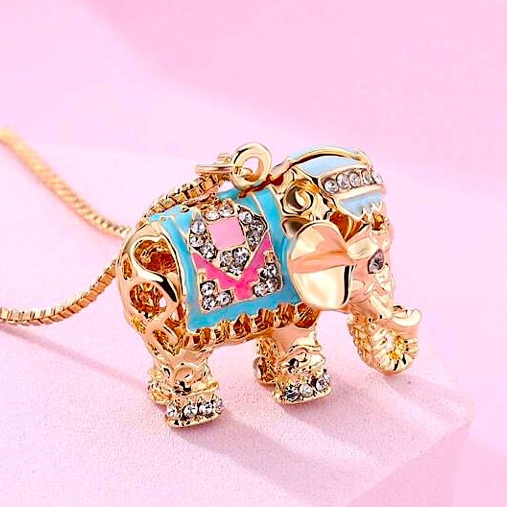 Gold-Plated Elephant Charm Necklace Symbol Strength Wisdom Rhinestone Multicolor